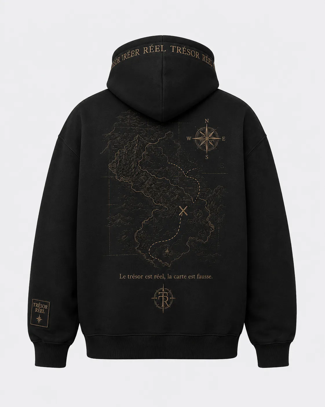 Pull noir, vue de dos avec motifs imprimés